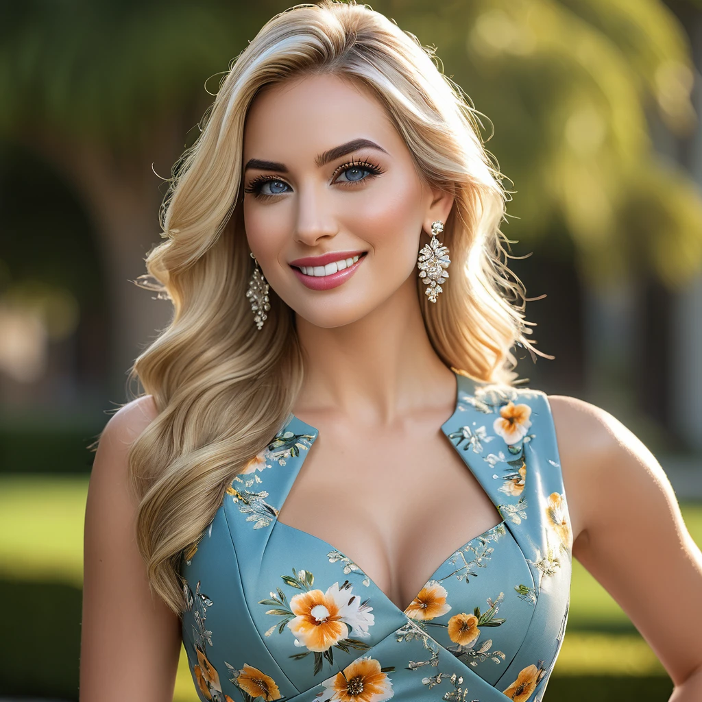 ((beautiful gorgeous Paige Spiranac, posing for photos, looking sexy, smiling, beautiful lips, long flowing hair, extremely pretty eyes))), ((wearing floral silver necklace)), realistic photograph, highly detailed, sharp focus, (key lighting), ( sexy american dress with showing full body image), masterpiece, extremely gorgeous, flawless beauty, (perfect fit body, wide hips, small waist, thick thighs, firm abs, beautiful body, medium breasts), ((30 years old)), (extremely detailed 8k wallpaper), ((detailed face)), (((wearing sexy american dress showing full body image )), (long dark eye lashes), (((earrings))), ((())), (((viewed from behind))), (looking at camera), ((())), (glamour model), (flirty and happy facial expression) ((sexy American dress showing full body image ))), extremely detailed, masterpiece, intricate details, highly detailed, sharp focus, detailed skin, realistic skin texture, texture, detailed eyes, high resolution, kodak vision color, foto_\(ultra\), post-processing, maximum detail, roughness, real life, ultra realistic, photorealism, photography, absurdres, RAW photo, highest quality, high detail RAW color photo, professional photo, extremely detailed UHD 8k wallpaper unit, best quality, highres, (masterpiece, top quality, high resolution:1.4), photo, cinematic, film grain, sharp, soft natural light, magic photography, super detailed