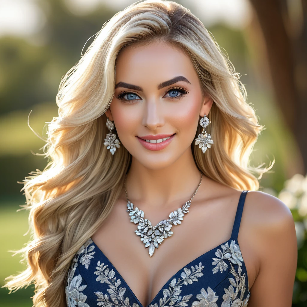 ((beautiful gorgeous Paige Spiranac, posing for photos, looking sexy, smiling, beautiful lips, long flowing hair, extremely pretty eyes))), ((wearing floral silver necklace)), realistic photograph, highly detailed, sharp focus, (key lighting), ( sexy american dress with showing full body image), masterpiece, extremely gorgeous, flawless beauty, (perfect fit body, wide hips, small waist, thick thighs, firm abs, beautiful body, medium breasts), ((30 years old)), (extremely detailed 8k wallpaper), ((detailed face)), (((wearing sexy american dress showing full body image )), (long dark eye lashes), (((earrings))), ((())), (((viewed from behind))), (looking at camera), ((())), (glamour model), (flirty and happy facial expression) ((sexy American dress showing full body image ))), extremely detailed, masterpiece, intricate details, highly detailed, sharp focus, detailed skin, realistic skin texture, texture, detailed eyes, high resolution, kodak vision color, foto_\(ultra\), post-processing, maximum detail, roughness, real life, ultra realistic, photorealism, photography, absurdres, RAW photo, highest quality, high detail RAW color photo, professional photo, extremely detailed UHD 8k wallpaper unit, best quality, highres, (masterpiece, top quality, high resolution:1.4), photo, cinematic, film grain, sharp, soft natural light, magic photography, super detailed