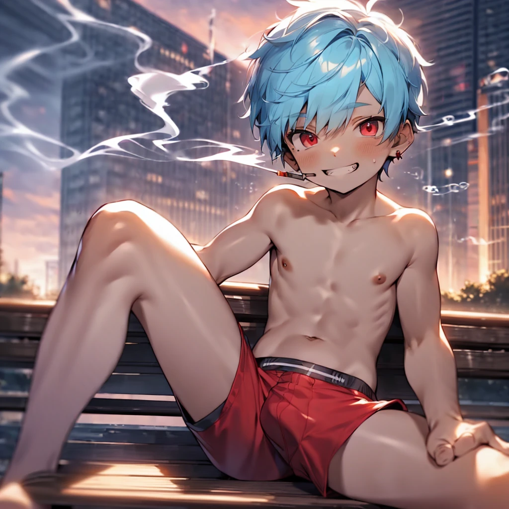 (solo:2), (boldline:-1.8), (smoking:1.6), (((bubble))), (sitting on bench:1.5), (spread legs:1.5), (((fang))), (((best finger))), BREAK (best quality:1.5), (absolutely resolution:1.5), (ultra detailed:1.5), (masterpiece:1.5), (perfect face), (detailed face), (detailed eyes), (best eyes), (cute face), (shota:2), BREAK (topless:1.5), BREAK (red short pants:1.5), (bulge:1.6), (skinny:1.3), (spiked hair), BREAK (light blue hair:1.5), (wine red eyes:1.4), (eyes with highlight:1.6), ((mole under eye)), (sweaty skin), (light skin), (grin:1.5), ((earrings)), (shiny skin:1.3), BREAK (garden), (building:1.5), (at twilight:1.5), ((wind blowing)), ((nipple)), (abs), (groin),