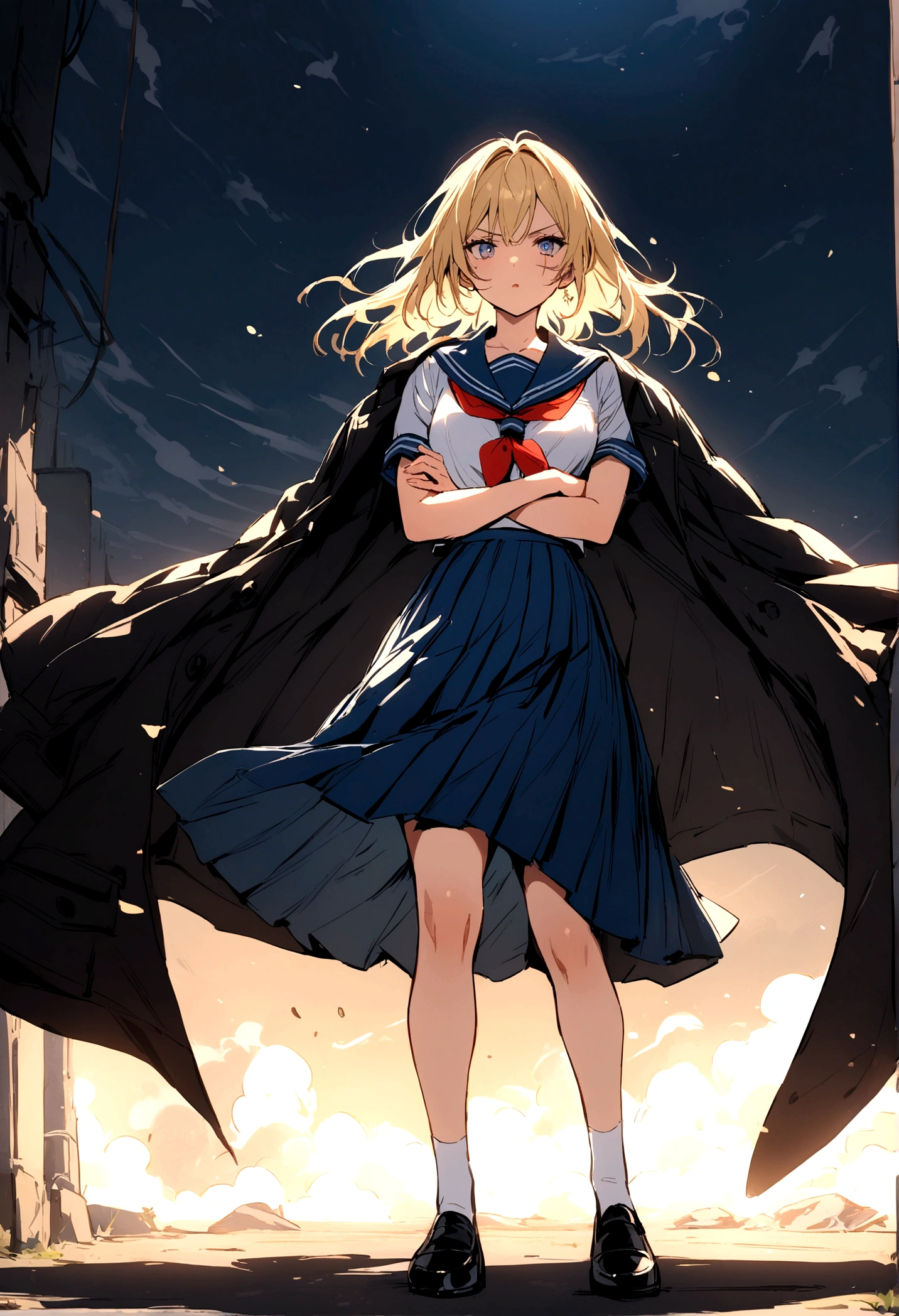 masterpiece, best quality, 1girl, osoroshidesu,
blonde hair, scar, scar on face, coat on shoulders, , serafuku, blue sailor collar, white sailor shirt, red neckerchief, short sleeves, blue pleated maxi skirt, white socks, black shoes,
arms crossed, full body, gunbuster pose, legs apart, standing