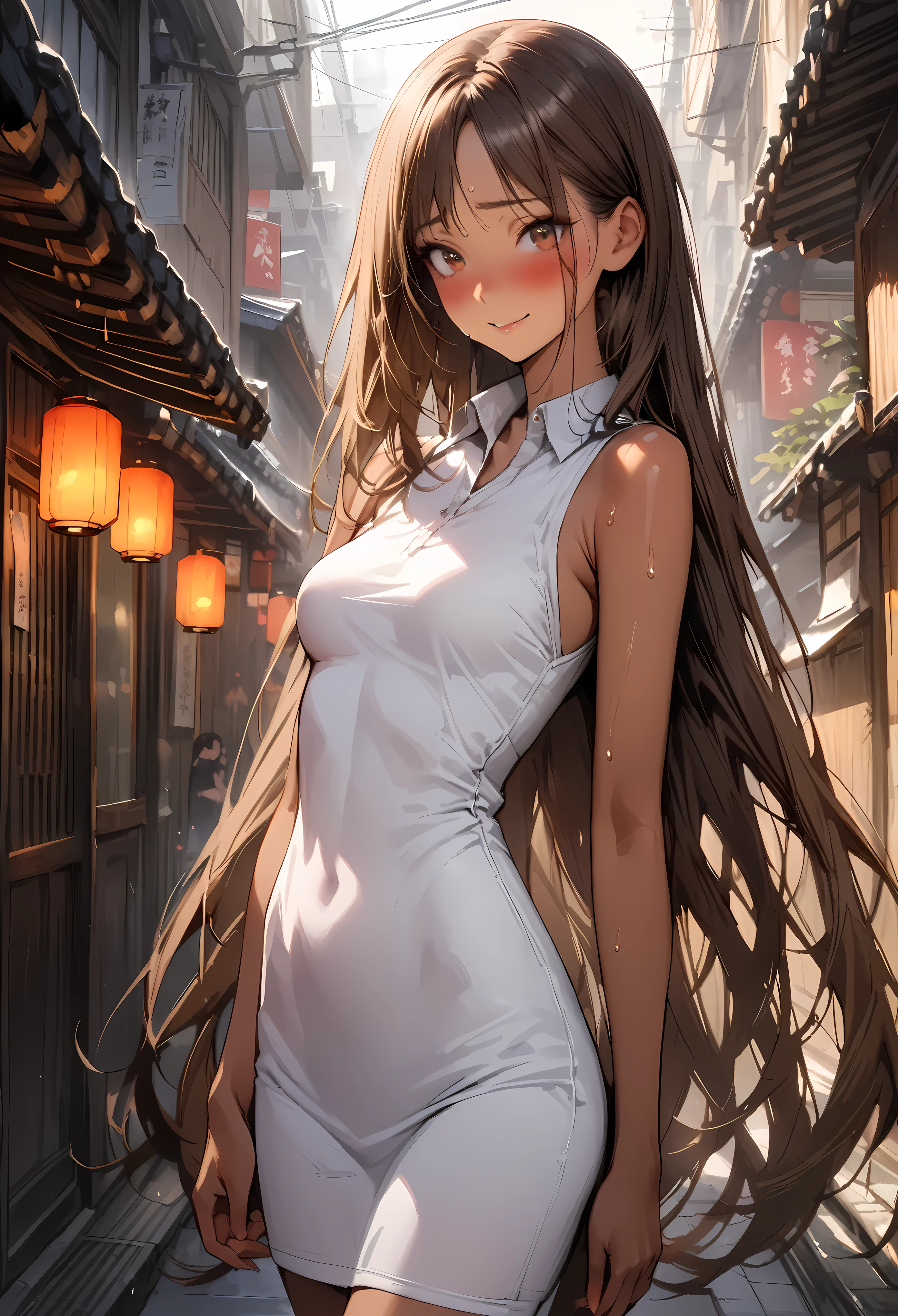 ((masterpiece,Highest quality:1.3,best quality illustration,realistic)),cowboy shot,solo,1woman,(20-year-old、Japanese Beauty)、brown hair,long hair,center parted bangs,brown eyes,gorgeous eyes,((very small head:1.3)),blush,shy,smile,((very long body:1.2,skinny)),medium breasts,(tan skin:1.4), (gleaming skin,toned body,slender body),sweat,(White sleeveless polo mini dress),walk、Alley、Tokyo、