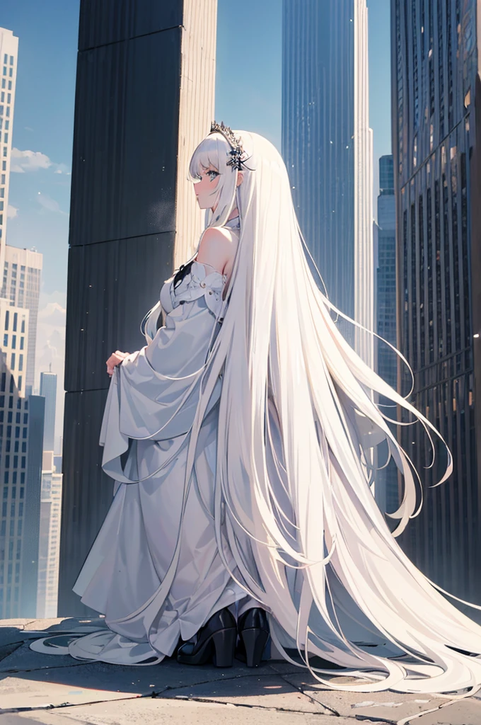 ((best quality)), ((masterpiece)), (detailed), perfect face
Create a picture of the back of a girl with thick long white hair that goes down to her knees wearing a white dress as she stares off into the city skyscrapers from the top of a building