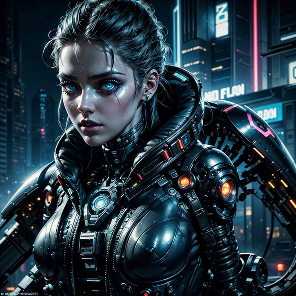 cyberpunk girl, alien, futuristic city, alien spaceship, detailed face, beautiful detailed eyes, beautiful detailed lips, extremely detailed eyes and face, long eyelashes, cybernetic implants, intricate mechanical details, neon lights, moody lighting, dramatic shadows, cinematic composition, high contrast, vibrant colors, hyper-detailed, 8k, photorealistic, masterpiece, concept art