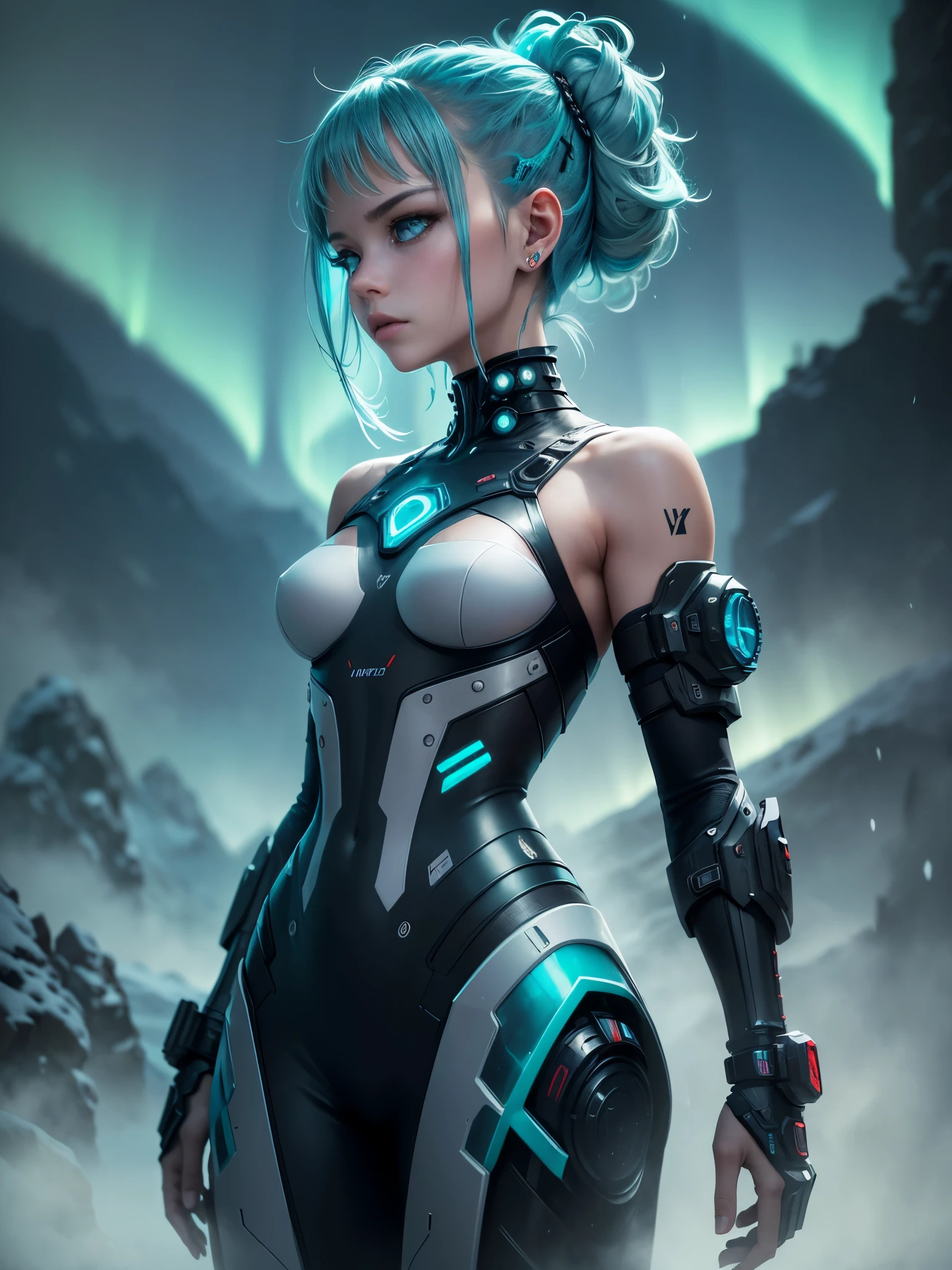 sharp focus, side on, looking away, profile. Model shooting style, (Extremely detailed CG Unity 8K wallpaper),cyberpunk characters [Foggy Snow Mountain Landscape，Snow Mountain] Immerse yourself in the beautiful aurora，Living in the clouds of the starry sky，Behind the clouds，（Double contact：1.3），
(The transparent and ethereal face of the girl blends into the aurora，Snow Mountain superimposes multiple elements and integrates the picture，
photography：Brandon Woelfelmist，surreal dreamscape，Gray vibe，Rainy Day，That&#39;s it，Right of use，HDR，Surrealist art fantasy style，Epic digital fantasy art style，Beautiful sci-fi art, Sci-fi digital art illustration,Sci-fi digital painting, futuristic digital painting, futuristic concept art, Sci-fi Snow Mountain landscape front, Sci-fi digital art, Dreamy transparent ethereal girl portrait
dramatic sky, dramatic lighting, dynamic pose. seductive expression. transparent clothes. clothes flowing in the air, turquoise and white theme. nipples,  bare shoulders.
turquoise aurora borealis. mechanical armour, badass girl, cyberpunk style augmentations
