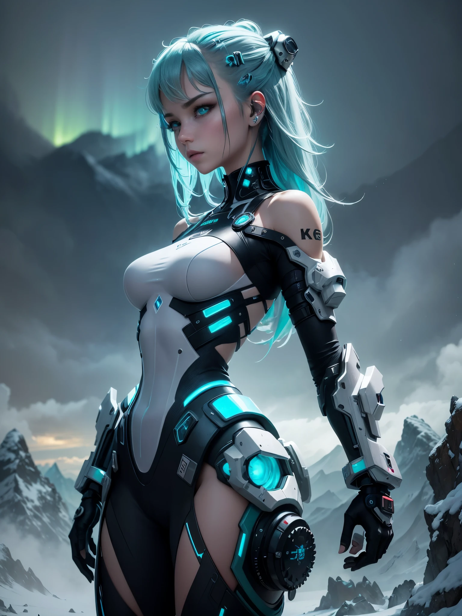 sharp focus, side on, looking away, profile. Model shooting style, (Extremely detailed CG Unity 8K wallpaper),cyberpunk characters [Foggy Snow Mountain Landscape，Snow Mountain] Immerse yourself in the beautiful aurora，Living in the clouds of the starry sky，Behind the clouds，（Double contact：1.3），
(The transparent and ethereal face of the girl blends into the aurora，Snow Mountain superimposes multiple elements and integrates the picture，
photography：Brandon Woelfelmist，surreal dreamscape，Gray vibe，Rainy Day，That&#39;s it，Right of use，HDR，Surrealist art fantasy style，Epic digital fantasy art style，Beautiful sci-fi art, Sci-fi digital art illustration,Sci-fi digital painting, futuristic digital painting, futuristic concept art, Sci-fi Snow Mountain landscape front, Sci-fi digital art, Dreamy transparent ethereal girl portrait
dramatic sky, dramatic lighting, dynamic pose. seductive expression. transparent clothes. clothes flowing in the air, turquoise and white theme. nipples,  bare shoulders.
turquoise aurora borealis. mechanical armour, badass girl, cyberpunk style augmentations