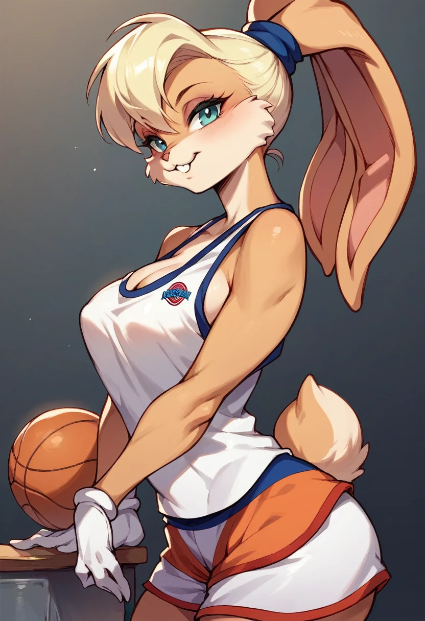 anime_source, (masterpiece), best quality, expressive eyes, perfect face, score_9, score_8_up, score_7_up, 1girl, basketball, outdoors, blonde hair, blue eyes, blush, breasts, furry, furry female, hair over one eye, hetero, large breasts, navel, solo focus, sweat, tongue, tongue out, lola bunny, tree, park, bend over, grabbing own ass, hand on ass, hand on own ass, hands on own ass, looking at viewer, nude, presenting, pussy, rabbit tail, signature, soles, solo, spread ass, tail, toes, top-down bottom-up, white gloves, pussy juice