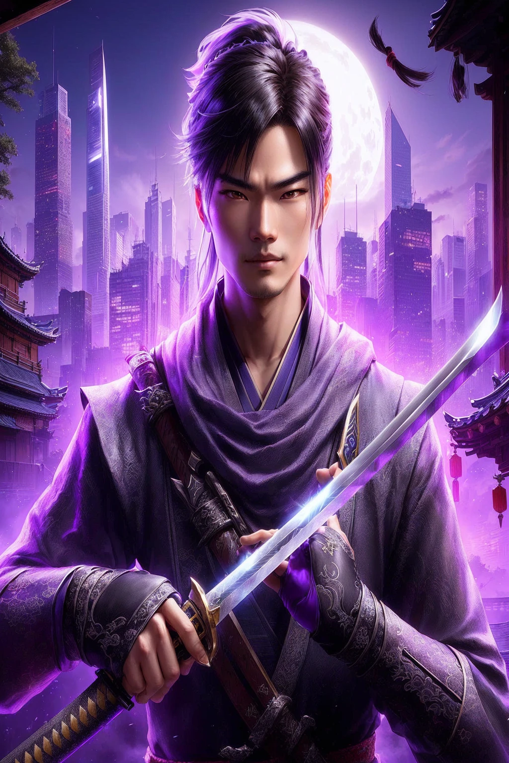 a close-up of a person holding a sword in a city, mystical ninja, sword jiang, masamune shiro, Herói Xianxia, heise jinyao, take off, wuxia, inspired by Fan Kuan, swordsmanship, main art, katana zero video game character, inspired by Shen Zhou, inspired by Yang Jin. Fill in the rest of the image, reducing the main character a little