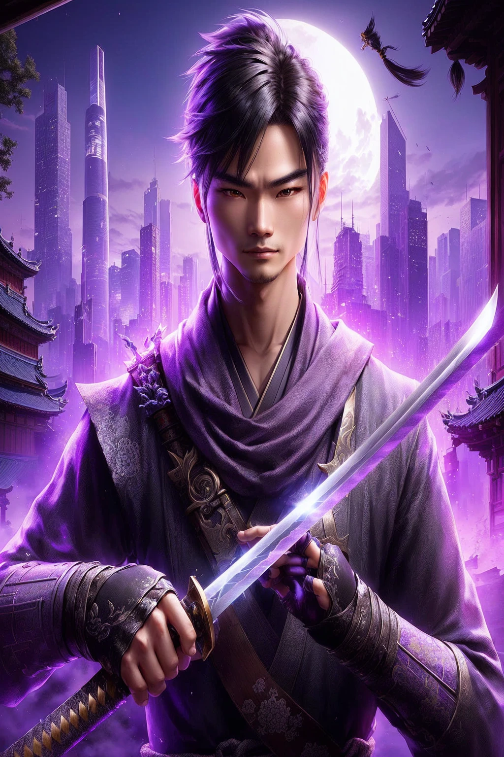 a close-up of a person holding a sword in a city, mystical ninja, sword jiang, masamune shiro, Herói Xianxia, heise jinyao, take off, wuxia, inspired by Fan Kuan, swordsmanship, main art, katana zero video game character, inspired by Shen Zhou, inspired by Yang Jin. Fill in the rest of the image, reducing the main character a little