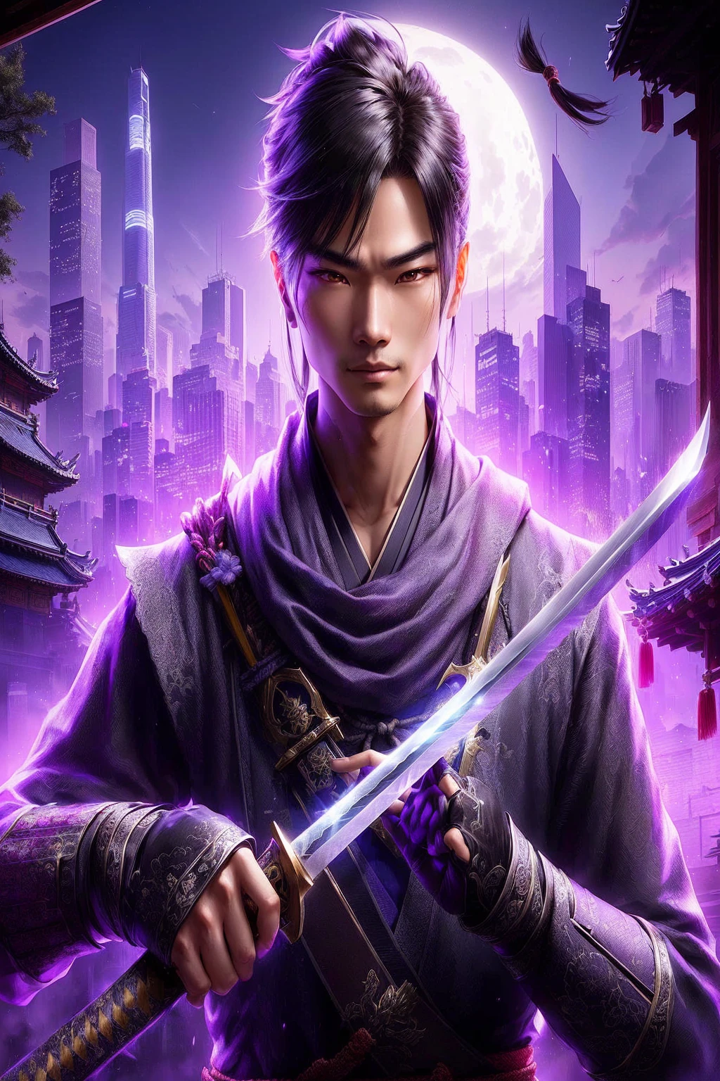 a close-up of a person holding a sword in a city, mystical ninja, sword jiang, masamune shiro, Herói Xianxia, heise jinyao, take off, wuxia, inspired by Fan Kuan, swordsmanship, main art, katana zero video game character, inspired by Shen Zhou, inspired by Yang Jin. Fill in the rest of the image, reducing the main character a little