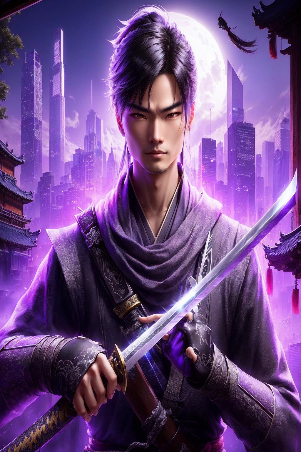 a close-up of a person holding a sword in a city, mystical ninja, sword jiang, masamune shiro, Herói Xianxia, heise jinyao, take off, wuxia, inspired by Fan Kuan, swordsmanship, main art, katana zero video game character, inspired by Shen Zhou, inspired by Yang Jin. Fill in the rest of the image, reducing the main character a little