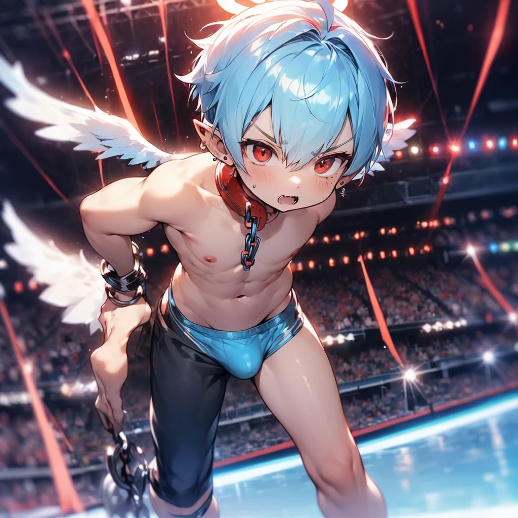 (solo:2), (boldline:-1.7), (brave:1.3), (fighting pose:1.5), (twin angel wings on his back:1.6), (halo on his head:1.3), (standing on stage:1.5), BREAK (red boxing groves:1.8), (((fang))), (((best finger))), (((best arms))), (((best legs))), BREAK (best quality:1.5), (absolutely resolution:1.4), (ultra detailed:1.5), (masterpiece:1.5), (perfect face), (detailed face), (detailed eyes), (best eyes), (cute face), (shota:2), BREAK (topless:2), BREAK (red speedos:1.5), (bulge:1.6), (skinny:1.3), BREAK (light blue hair:1.5), (spiked hair), (wine red eyes:1.4), (eyes with highlight:1.6), ((mole under eye)), (sweaty skin), (singing:1.4), ((earrings)), (angry:1.3), (shiny skin:1.3), BREAK (stadium:1.5), (spot light), ((wind blowing)), ((nipple)), (abs), (groin), BREAK (chain around neck:1.5), (shackles:1.6), from above, upper body, (face close up),