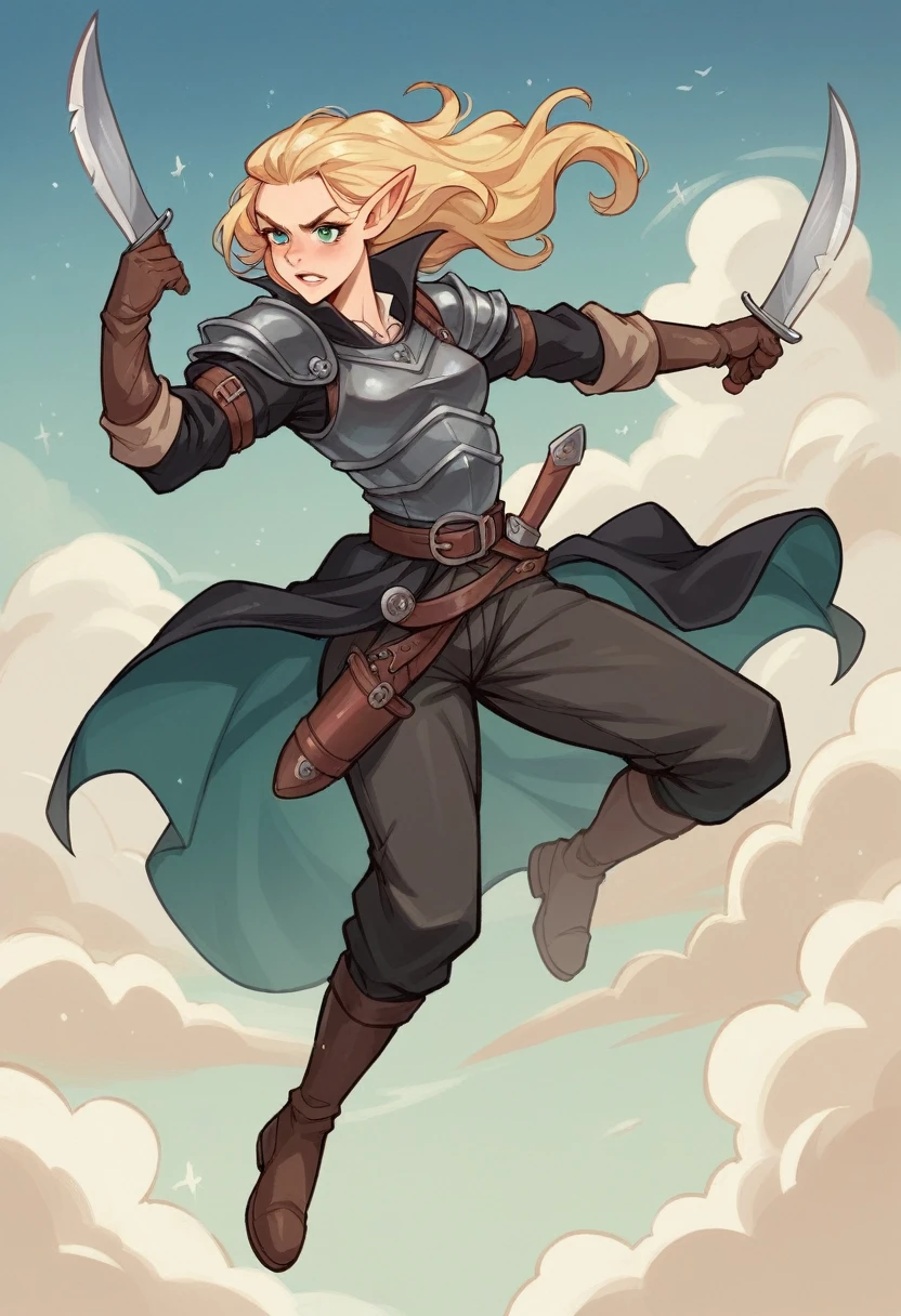 The 18 year old teenager elf heroine is a striking figure with her tousled blonde hair framing her face in a short, lively hairstyle. Her slim build hints at her agility and flexibility, essential traits for her adventurous life. Clad in the rugged attire of a medieval fantasy highwayman, she exudes a rough charm. Her dark, weathered clothes are complemented by protective black leather armor, adding an air of danger and mystery. The gleam of throwing knives strapped to her belt serves as a stark reminder of her lethal proficiency and readiness for action.