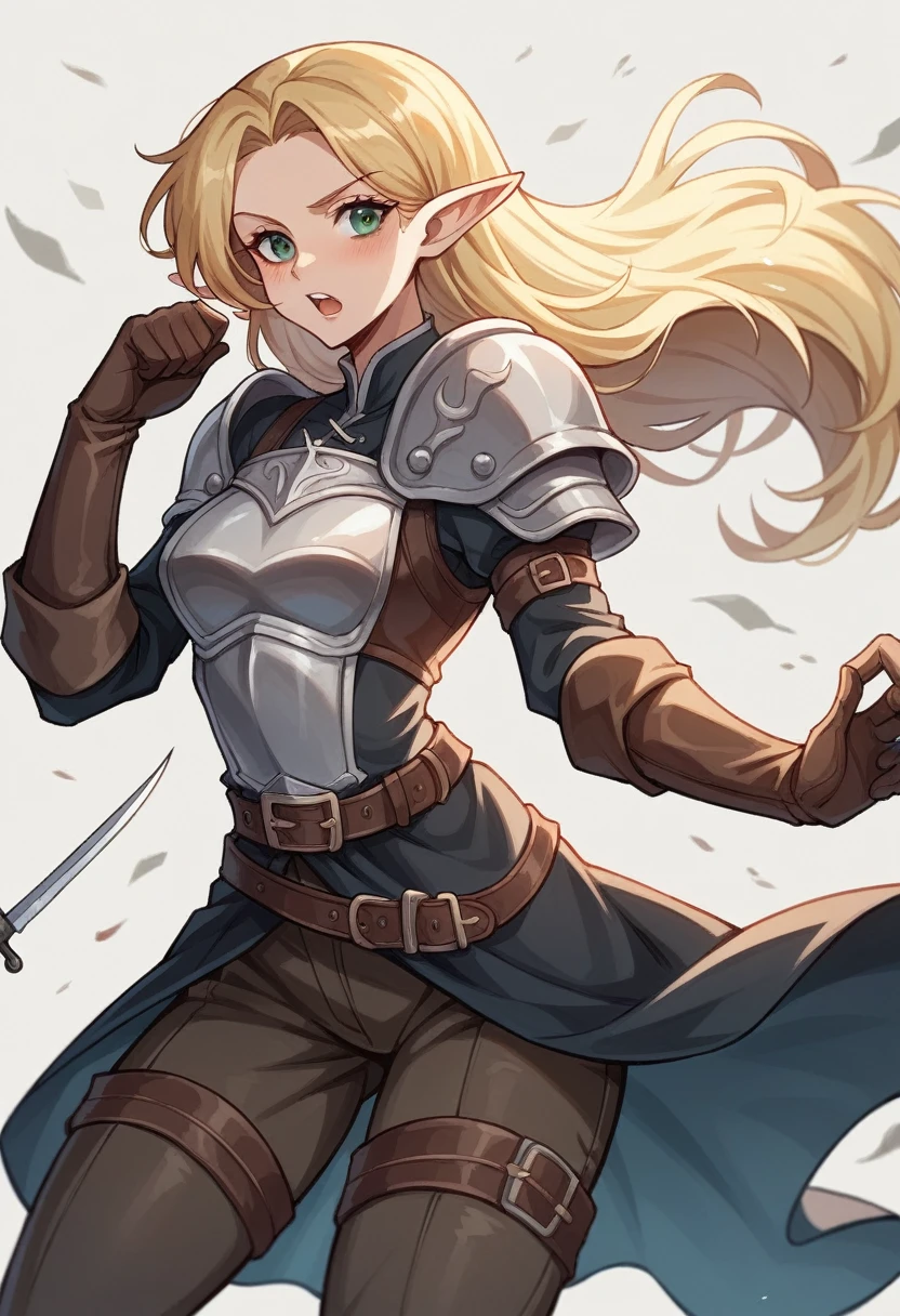 The 18 year old teenager elf heroine is a striking figure with her tousled blonde hair framing her face in a short, lively hairstyle. Her slim build hints at her agility and flexibility, essential traits for her adventurous life. Clad in the rugged attire of a medieval fantasy highwayman, she exudes a rough charm. Her dark, weathered clothes are complemented by protective black leather armor, adding an air of danger and mystery. The gleam of throwing knives strapped to her belt serves as a stark reminder of her lethal proficiency and readiness for action.