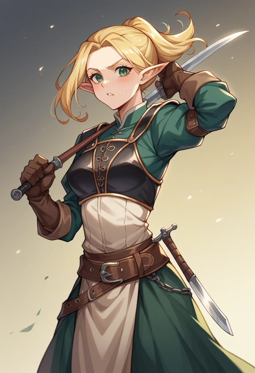 The 18 year old teenager elf heroine is a striking figure with her tousled blonde hair framing her face in a short, lively hairstyle. Her slim build hints at her agility and flexibility, essential traits for her adventurous life. Clad in the rugged attire of a medieval fantasy highwayman, she exudes a rough charm. Her dark, weathered clothes are complemented by protective black leather armor, adding an air of danger and mystery. The gleam of throwing knives strapped to her belt serves as a stark reminder of her lethal proficiency and readiness for action.