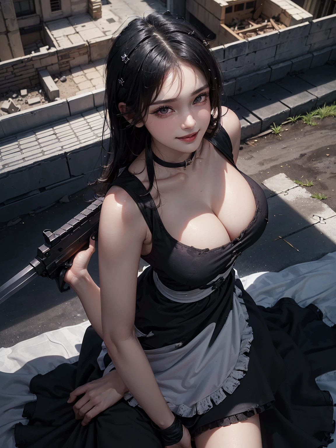 (masterpiece:1.3, Highest quality, Ultra-high resolution, Super detailed), (Realistic, photoRealistic:1.4), Perfect lighting, colorful, Depth of written boundary, Browsing Caution, Surrealism,((Pose with a gun and sword:1.3)),Beautiful detailed hair, Beautifully detailed face, Beautiful fine details, Beautiful valley,Beautiful clavicle, Beautiful body, thin脚,Beautiful feet, Beautiful breasts,Beautiful Hands, thin, 1 girl,Perfect Face, Long eyelashes,21 years old,Perfect Anatomy, Supermodel with a long neck,((Skinny1.3)),looking at the camera,(Perfect Anatomy,Anatomically correct, Highly detailed skin), Shiny skin,((beautiful girl:1.1)),(( large breasts:1.4)),(Mid-length hair:1.4, Wavy Hair:1.2, Black Hair) ,hair over one eye, Dainty facial structure,((Happy smile:1.3 )), (bullet proof vest:1.3),(( ((wearing(black)Maid clothes:1.3 )),criss-cross halter, ((Has an assault rifle)),Long hangerless gloves,Holding a gun in a bold pose,((Destroyed city)),Ruins scary atmosphere,Mood Lighting,naked,spooky,soil,Deep dark background,Complex background,action,Daytime,((wariza:1.1)),((wind lift)),((wind effect)),((from above))