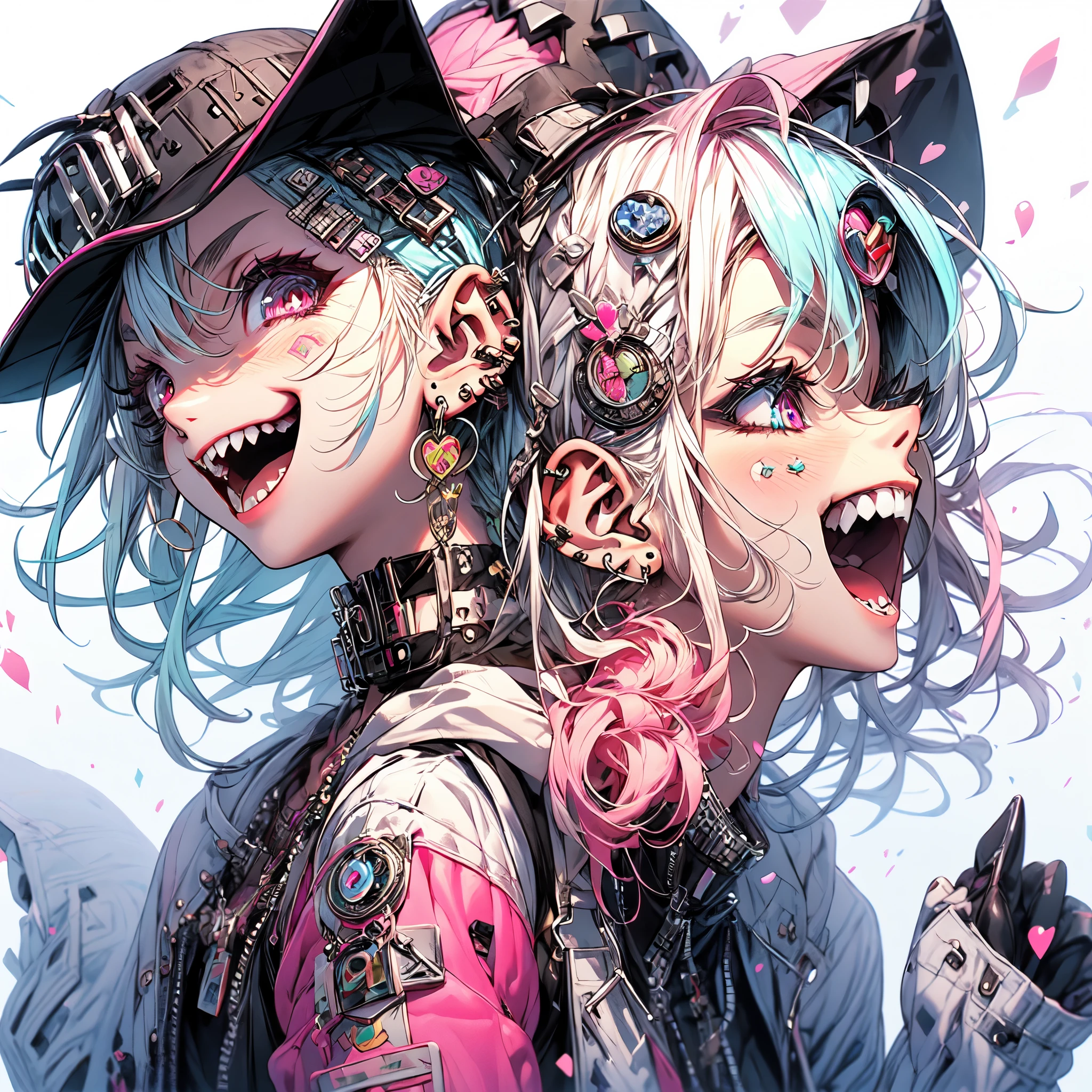 (masterpiece:1.2), best quality,PIXIV, beautiful Rebellious girl,portrait,
1girl, hat, open mouth, glossy lips, pink hair, solo, mischievous smile, long hair, white background, jewelry, badge, button badge, hood, pink eyes, earrings, simple background, harajuku inspired jacket, long eyelashes, from side, hood down, star (symbol), profile, upper body, clothes writing, zipper, collar, massive accentuated super huge enormously gigantic breasts, chain, sexy seductive, cherry blossoms blowing in the wind, hat ornament, piercing, barcode, portrait, sticker, hoodie, smile, spikes, baseball cap