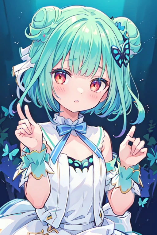 (best quality, masterpiece:1.2), ultra detailed, extremely detailed eyes and face, natural skin texture, detailed skin, natural lighting,
 1 girl, (cute),
 rushia_idol, green hair, short hair, double bun, idol outfit, white gloves, blue bow, butterfly hair ornament, upper body,