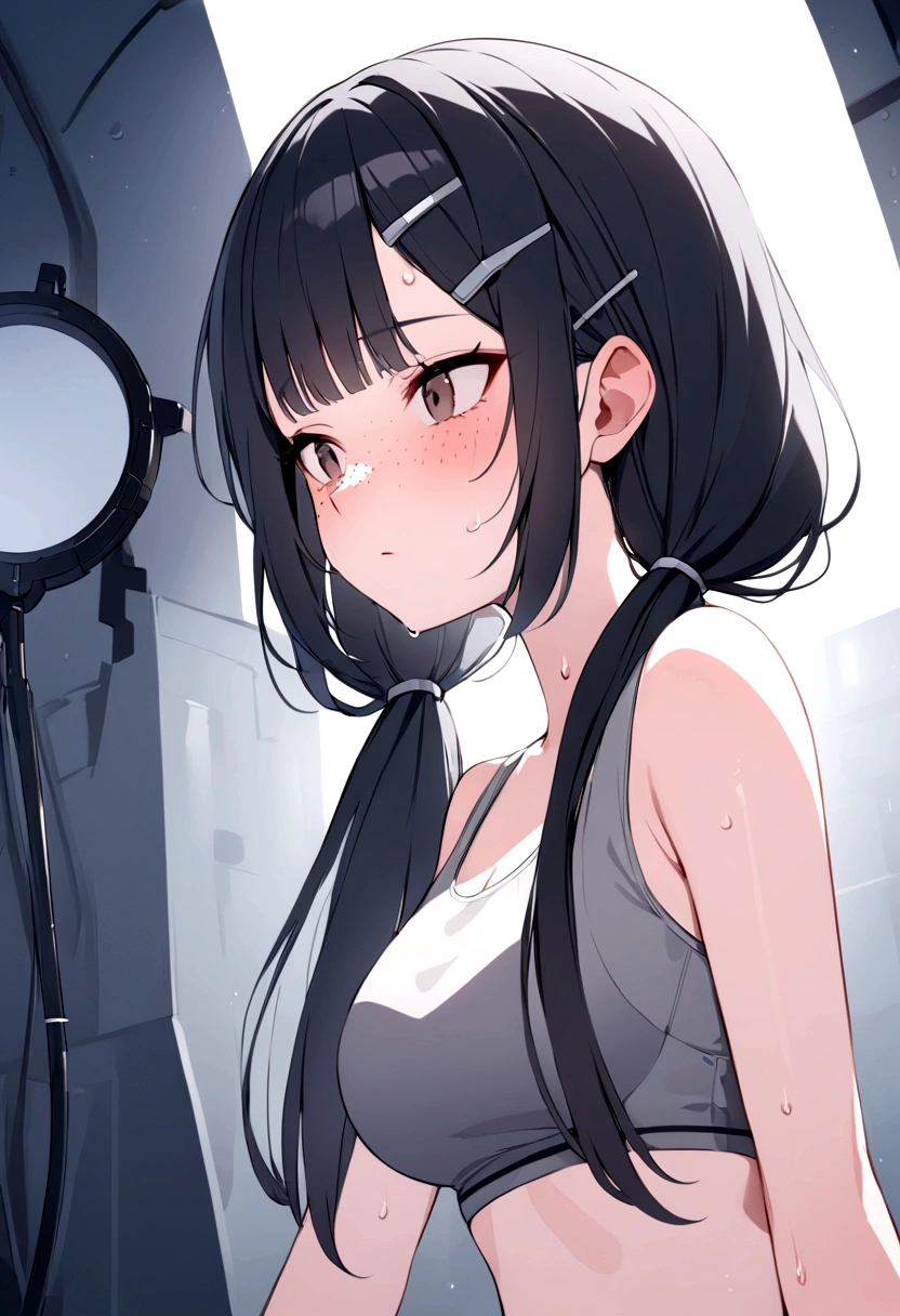 freckles、black hair low twintails、hairpin、sweating、Grey fabric sports bra、Introvert