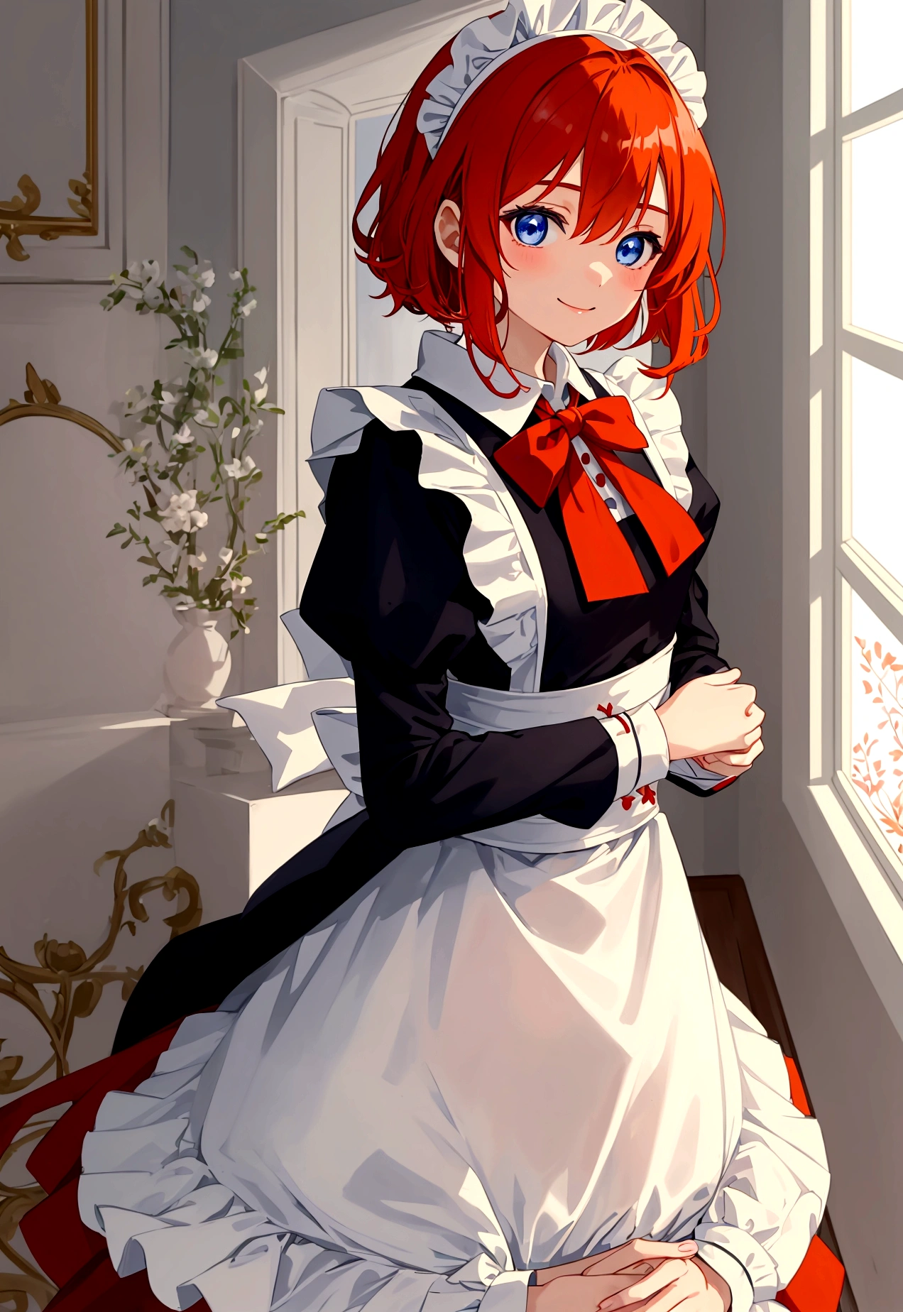Masterpiece,best quality,anime,(2d:1.2),In the building, , 1 girl, roswaal mansion maid uniform, alone, maid, blue blue eyes, short hair,bow hairband, hair between the eyes, arms separated, look at viewer, red hair band,ribbon, smooth, Looking back, bow, orange hair,red ribbon, black sleeve, window, long sleeve, apron, white bow, court,ribbon trim,smile softly, own hands together,