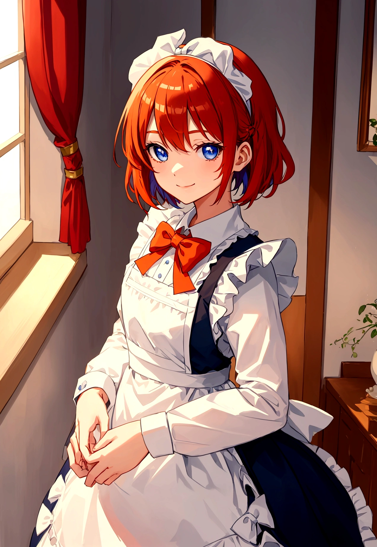 Masterpiece,best quality,anime,(2d:1.2),In the building, , 1 girl, roswaal mansion maid uniform, alone, maid, blue blue eyes, short hair,bow hairband, hair between the eyes, arms separated, look at viewer, red hair band,ribbon, smooth, Looking back, bow, orange hair,red ribbon, black sleeve, window, long sleeve, apron, white bow, court,ribbon trim,smile softly, own hands together,