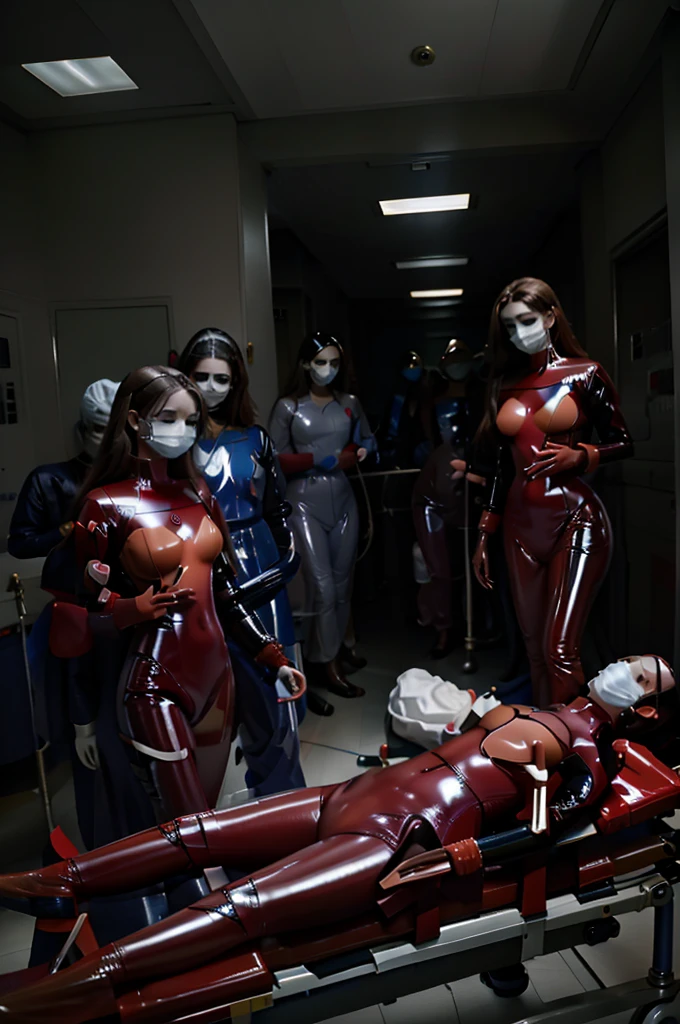 a 20 year old brunette female lying unconscious on a medical stretcher,pushed by a group of masked female scientists wearing latex bodysuits,down a mansion hallway