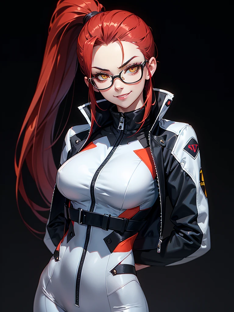 ((Portrait Photo)), She has a Cute and Playful Childish Appearance, with a Slim-yet Toned Build and Fair Skin. She Expresses an Assertive and Smug Look, Giving Off a Mischievous Glint and a Playful Smirk. She has a Striking Yellow Eyes, and Her Hair is Long, Dark Red and Tousled, styled in a High Ponytail with Bare Forehead. She Wears a Tight-Fitting White Jumpsuit, Accompanied by an Open Black Jacket and Half-Frame Glasses. ((Portrait Photo, HDR, Dark Background))