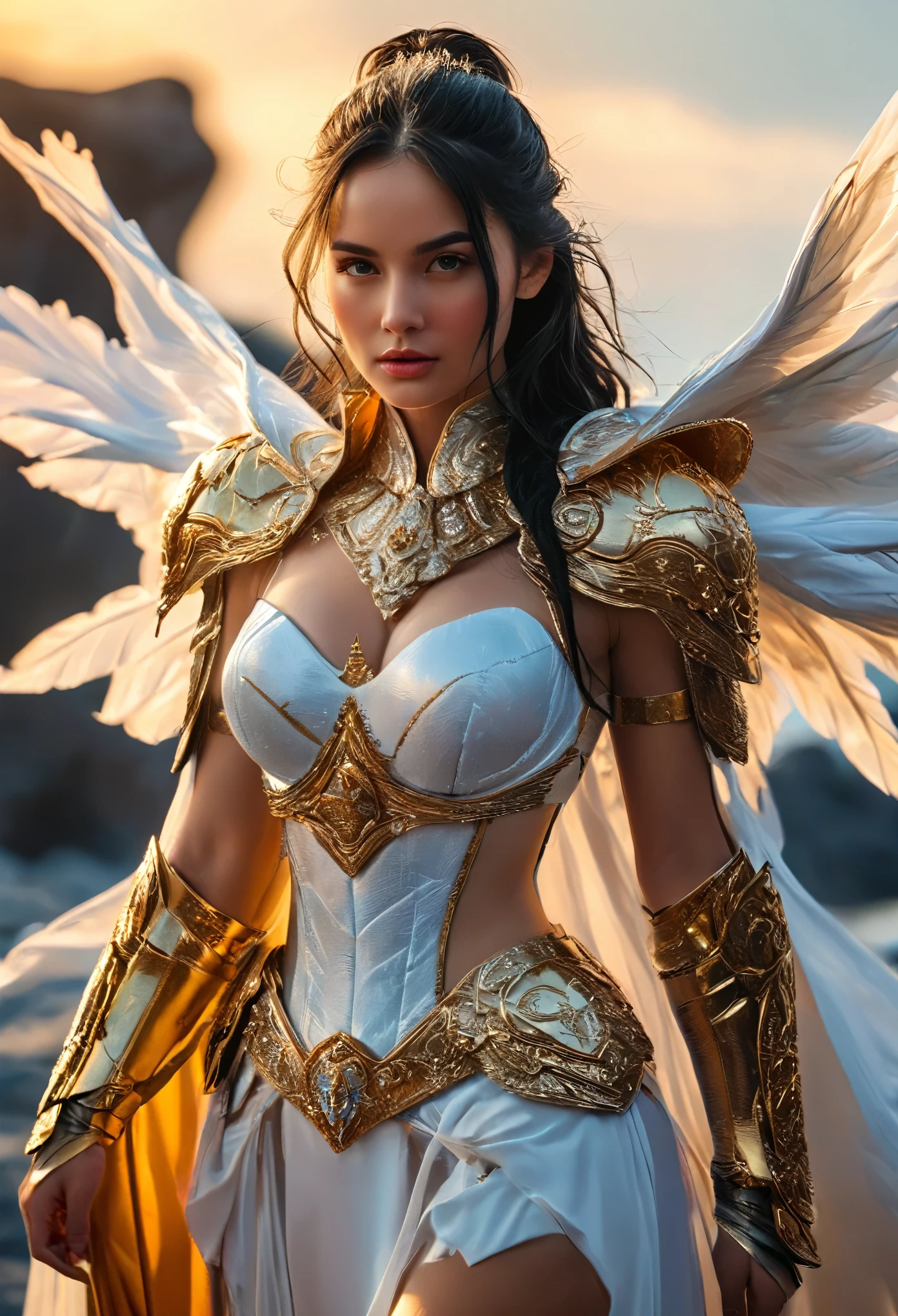 masterpiece, best quality, (Extremely detailed CG unity 8k wallpaper), (best quality), (Best Illustration), (The best shadow), absurd, Realistic lighting, (abyss), Beautiful and delicate light, Peter Moore (Peter Mohr Bacher) Artworks,Oversized wings。Angel Girl,Flying to the clouds,White Cloud,White Cloud,Blue sky。White long skirt,Golden Wings,Send with aperture。
