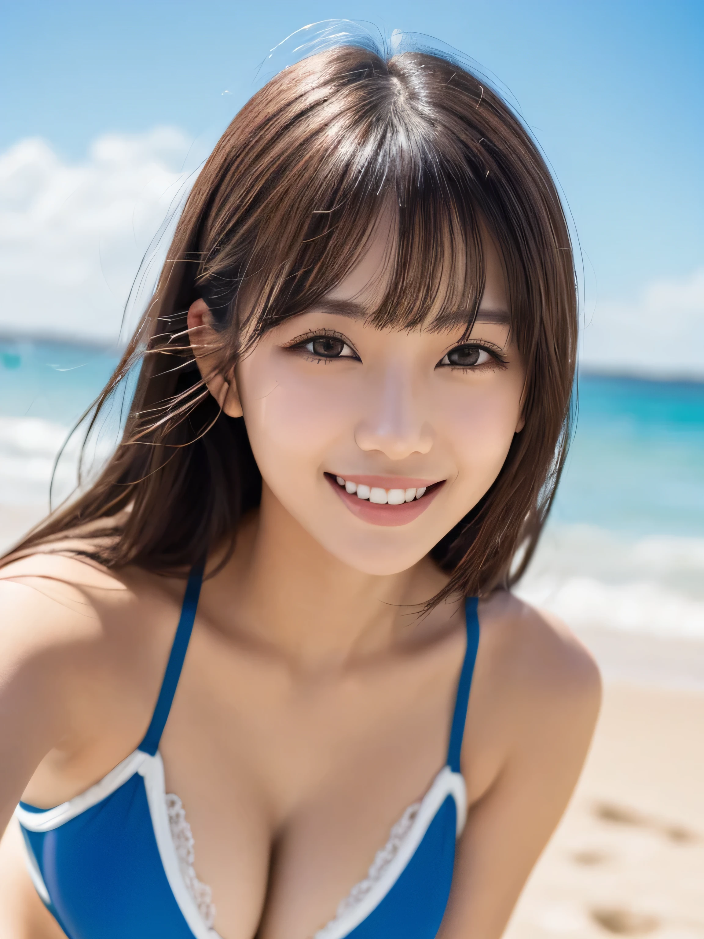 Tabletop, Highest quality, shape, Very detailed, High resolution, 8k wallpaper, Perfect dynamic shape, Beautiful and beautiful eyes, Cute eyes,Natural Lip,Cute swimsuit ,,Large Breasts,Very fine grain definition,(Round face),beautiful girl,,Realistic,Tiny bangs,Droopy eyes,A kind smile,Brown Hair,Aligned teeth,Exposed Skin,blue sky,beach,White skin