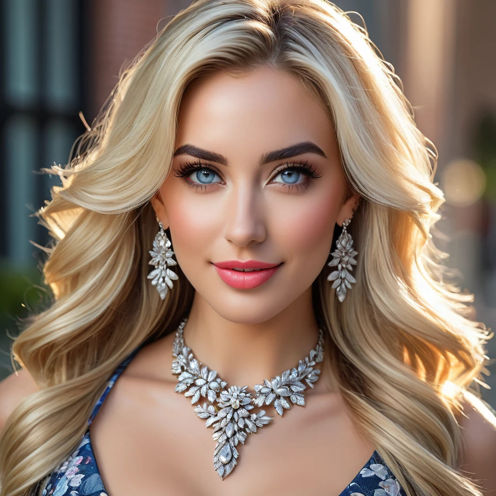 ((beautiful gorgeous Paige Spiranac, posing for photos, looking sexy, smiling, beautiful lips, long flowing hair, extremely pretty eyes))), ((wearing floral silver necklace)), realistic photograph, highly detailed, sharp focus, (key lighting), ( sexy american dress with showing full body image), masterpiece, extremely gorgeous, flawless beauty, (perfect fit body, wide hips, small waist, thick thighs, firm abs, beautiful body, medium breasts), ((30 years old)), (extremely detailed 8k wallpaper), ((detailed face)), (((wearing sexy american dress showing full body image )), (long dark eye lashes), (((earrings))), ((())), (((viewed from behind))), (looking at camera), ((())), (glamour model), (flirty and happy facial expression) ((sexy American dress showing full body image ))), extremely detailed, masterpiece, intricate details, highly detailed, sharp focus, detailed skin, realistic skin texture, texture, detailed eyes, high resolution, kodak vision color, foto_\(ultra\), post-processing, maximum detail, roughness, real life, ultra realistic, photorealism, photography, absurdres, RAW photo, highest quality, high detail RAW color photo, professional photo, extremely detailed UHD 8k wallpaper unit, best quality, highres, (masterpiece, top quality, high resolution:1.4), photo, cinematic, film grain, sharp, soft natural light, magic photography, super detailed