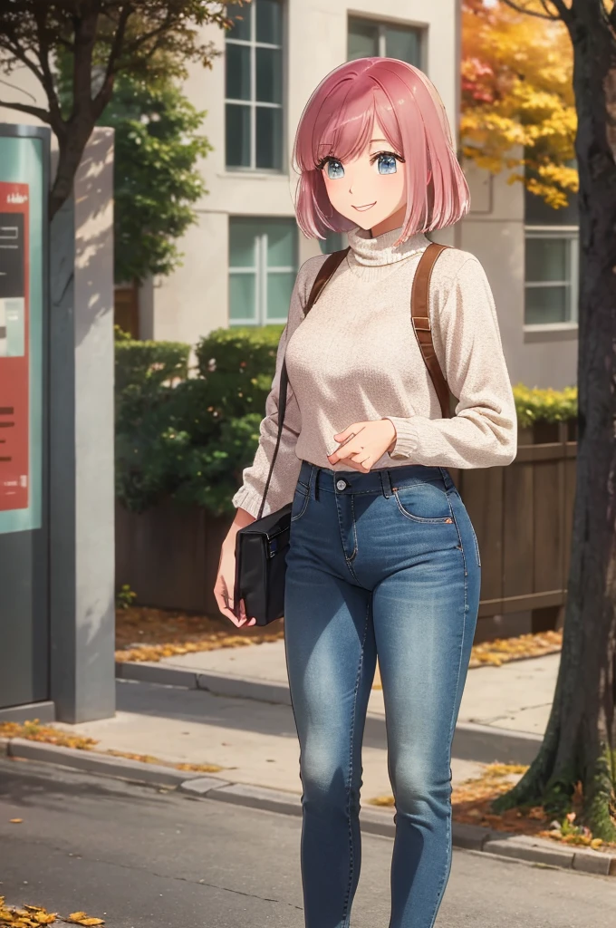 girl, jeans, pink knit sweater, autumn, smile, street