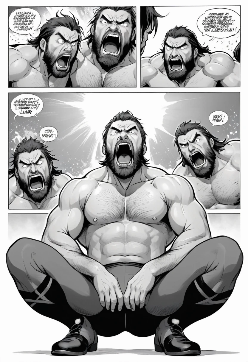 high resolution, manga, monochrome, white background, handwritten style, hunk, middle-aged man, eyes wide open with agony face, puckered lips and mouth open, pale face, raise eyebrows, shirtless, combed-back hair, heel wrestler wearing gray tights, beard, forward-jutting lower jaw, turn face upward, 3 panel comic, full body, wrestler is touched tights by hand,