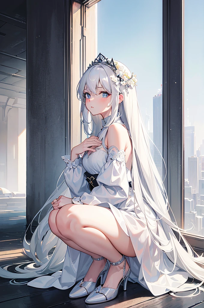 ((best quality)), ((masterpiece)), (detailed), perfect face

Create a picture of the back of a girl with thick long white hair that goes down to her knees wearing a white dress as she stares off into the city skyscrapers from the top of a building 
