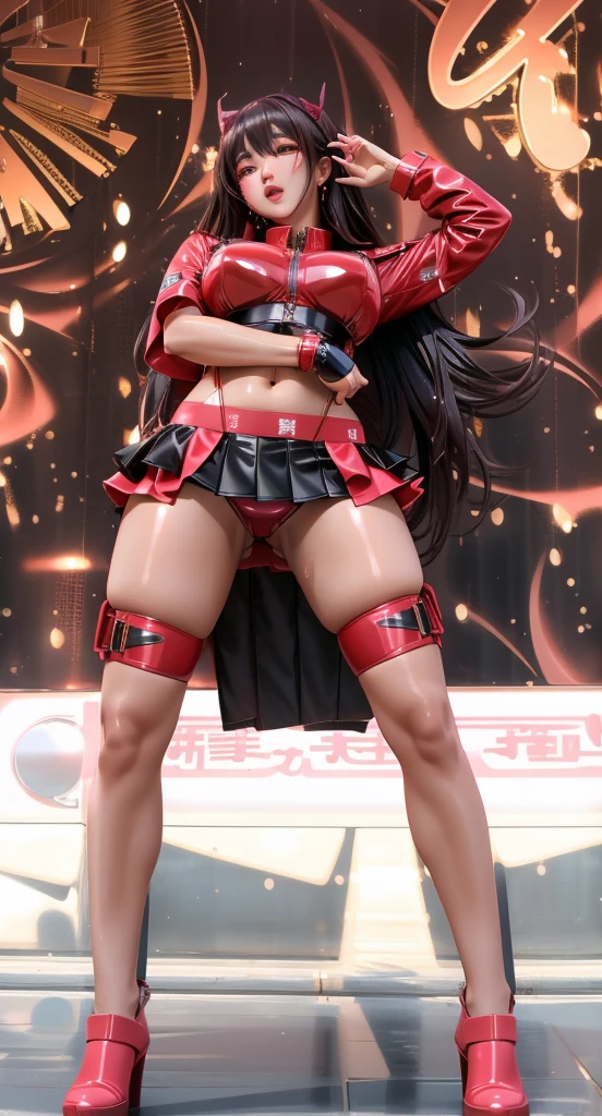 1 Girl donghua, Best quality, Ultra Detail, 8K, Ultra high realistic, Detailed face, Full body, standing, Ultra high realistic, Detailed face, (Blushing:1.3), Wet skin, Latex bra, Latex hot skirt, Ahegao face, beautiful breasts, body details, Oil skin, big thighs