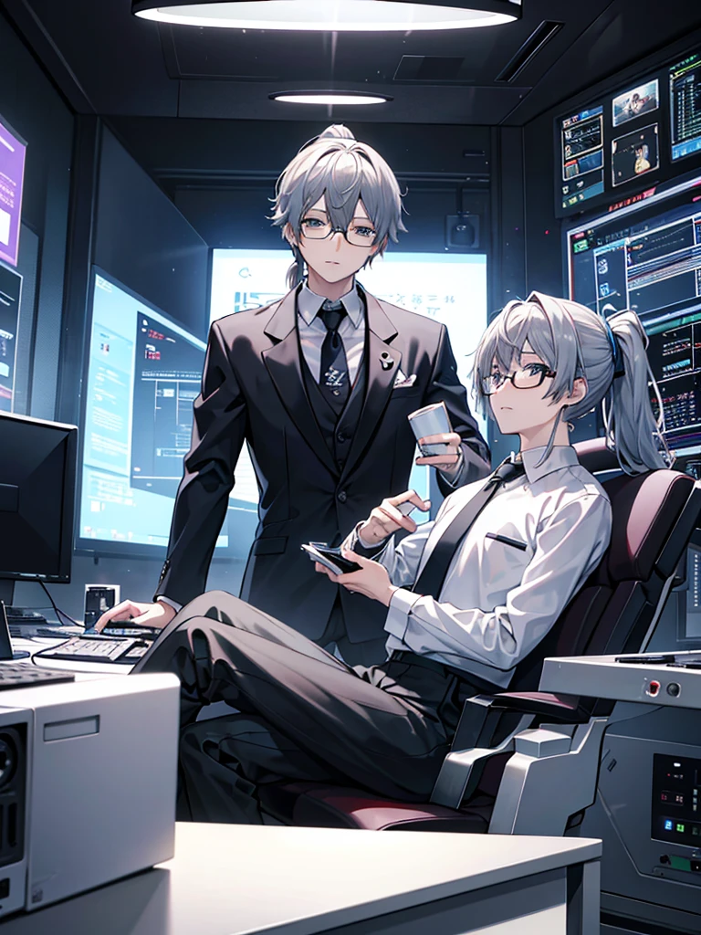 （Mastepiece）（High definition）One Japanese male android in his 20s、Gray Hair、ponytail、hat、Tuxedo、tie、Wearing round rimless glasses、Sitting、It is connected to the machine by multiple cables.（charging）、background（A science fiction-like electronic world、A space that feels like the inside of a machine、Virtual space、Near future）