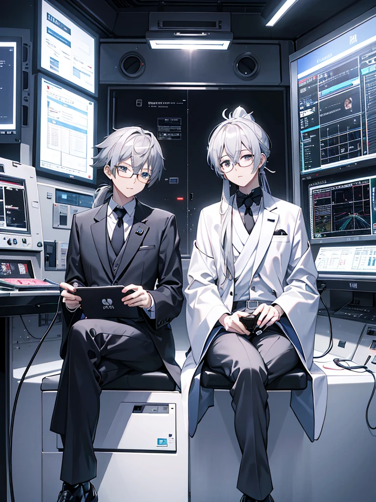 (Mastepiece)(High definition)One Japanese male android in his 20s、Gray Hair、ponytail、hat、Tuxedo、tie、Wearing round rimless glasses、Sitting、It is connected to the machine by multiple cables.(charging)、background(A science fiction-like electronic world、A space that feels like the inside of a machine、Virtual space、Near future)