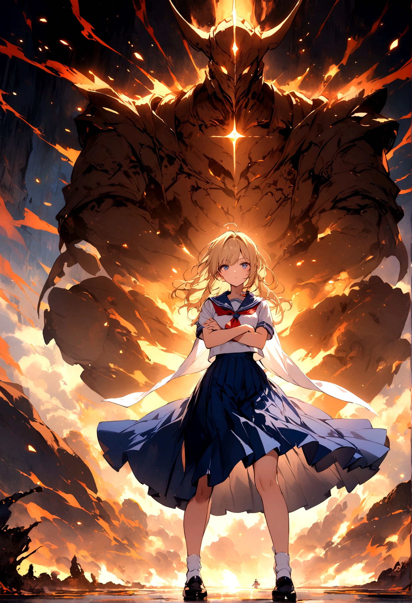 masterpiece, best quality, 1girl, osoroshidesu,
blonde hair, scar, scar on face, coat on shoulders, , serafuku, blue sailor collar, white sailor shirt, red neckerchief, short sleeves, blue pleated full skirt, white socks, black shoes,
arms crossed, full body, gunbuster pose, legs apart, standing
