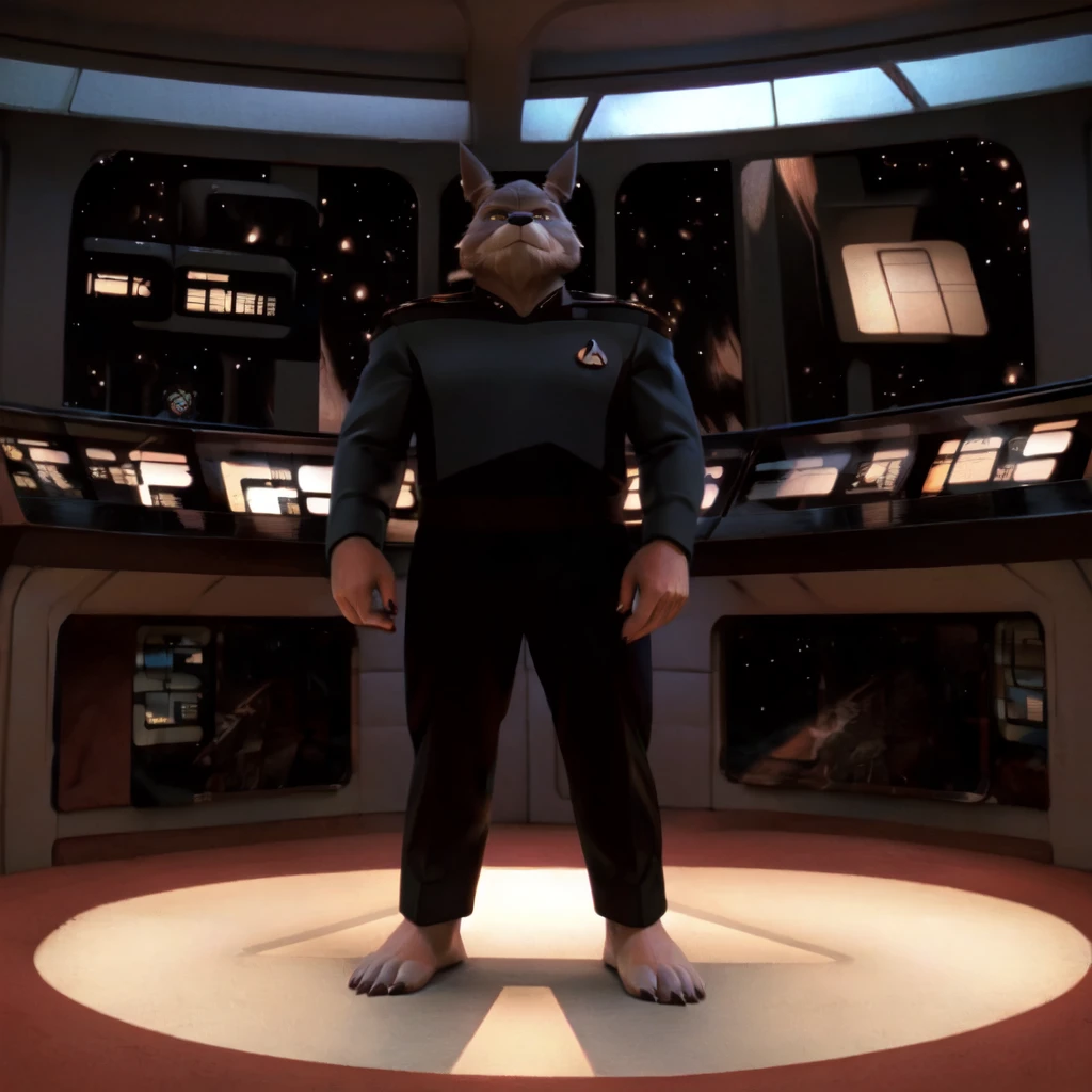 (((Barefoot furry character, full body, cinematic setting, furry male, plantigrade)))
captain ((Totoro)), studio ghibili, furry, big, fat, whiskers, grey skin, claws,
exudes confidence and authority on starship bridge, wears star trek next generation captain red uniform, ((s3stngunf uniform))) long black pants, muscular figure, dynamic pose, action expression
((Bridge of starship with many screens and consoles)), futuristic look, metalic, bright colors
BREAK, intricate details, highly detailed, extreme detail, octane render, fine art, best quality, highres, (detailed face:1.5), ((full_body)), UHD, (((perfect hands))), ((low light:1.5))