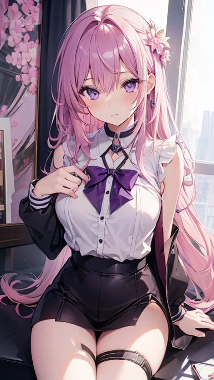(high resolution, Practical, 4K, Extremely detailed, masterpiece:1.2),1 hermaphrodite girl, , Unisex, Shiny purple eyes, pink medium length hair, student, Charming beauty