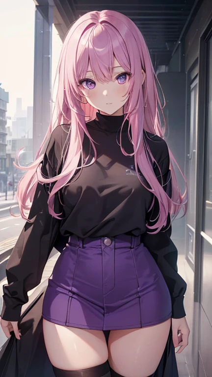 (high resolution, Practical, 4K, Extremely detailed, masterpiece:1.2),1 hermaphrodite girl, , Unisex, Shiny purple eyes, pink medium length hair, student, Charming beauty