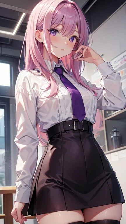 (high resolution, Practical, 4K, Extremely detailed, masterpiece:1.2),1 hermaphrodite girl, , Unisex, Shiny purple eyes, pink medium length hair, student, Charming beauty