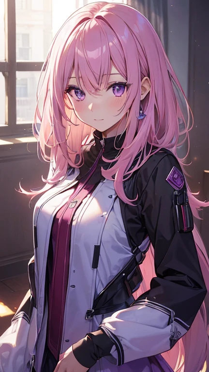 (high resolution, Practical, 4K, Extremely detailed, masterpiece:1.2),1 hermaphrodite girl, , Unisex, Shiny purple eyes, pink medium length hair, student, Charming beauty