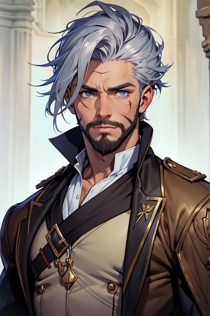 young muscular man, with a scar on the left side of the face, with one brown eye and the other blue, Latin features with beard and short silver hair, dressed in a duke&#39;s suit, with golden laurel wreath and red and white cape. , and dark skin, posing standing, full picture