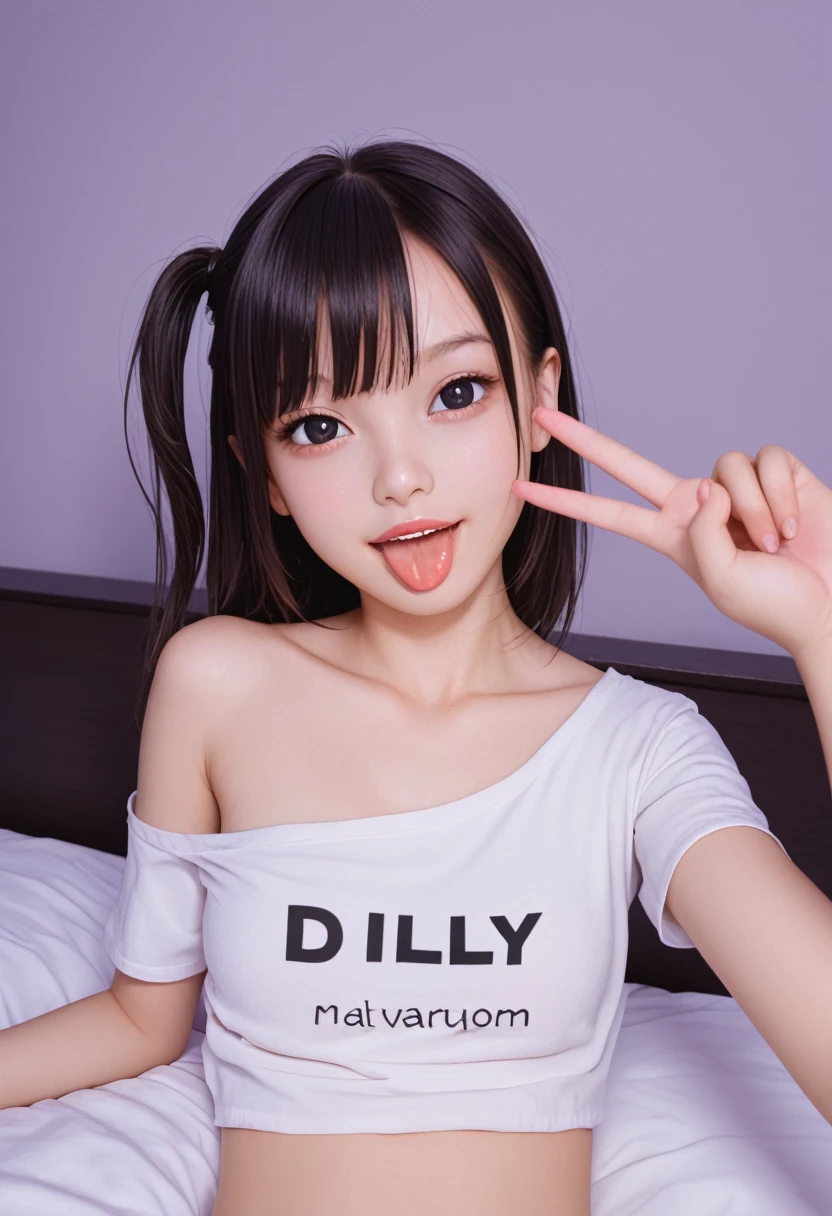 pastel colors t-shirt,off-shoulder look,bare shoulder,ollarbone,midriff peek,string panties,(open mouth:1.5),(tongue out:2),lying,Selfie,front view,upper body,(1girl,Beautiful  girl),((Slender,Small breasts,Small face,)),(looking at viewer),Black Hair,bangs,one side up,Beautiful and detailed,(Dimly lit room:1.5),Simple Background,White bed,pillow,Mischievous smile
