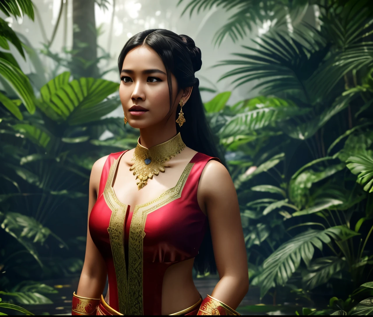 create a hyper realistic photo a beautiful indonesian woman as a hero in dynasty kingdom of majapahit, wearing small gold neklace like a queen, wearing red kemben ,long black hair with bun, doing floating meditation, energy bursts from around of her body, unreal engine 5, absurdres, volumetric mixed color line blue red white lighting around her body, eyes to camera, rainforest background