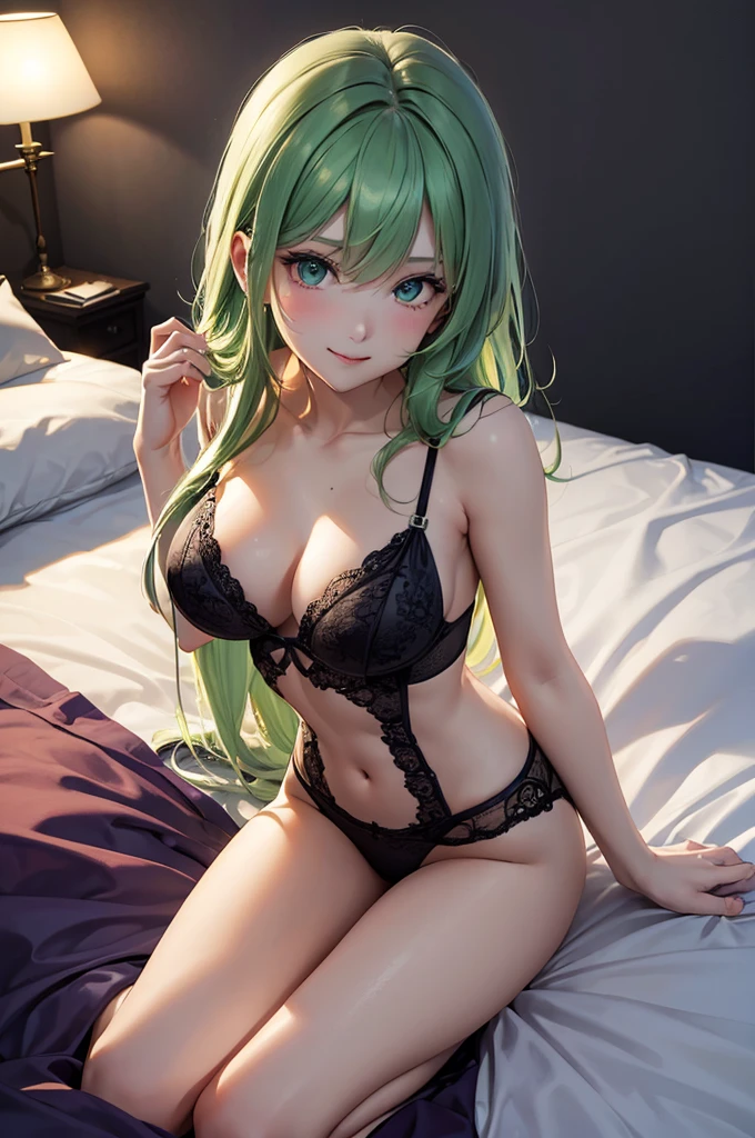 Best Quality,High resolution,8K,finelity detailed background,Masterpiece:1.2),beautiful girl,Shiny green hair,asymmetrical hair,Green Eyes,Gentle look,A refreshing look,Smiling happily,Best quality,Best Quality,Aesthetic and aesthetic:1.2,Best details((Super detailed))(High-definition CG illustrations),Purple underwear (gray,intricate lace),Slender body,night,moon,Bedroom,On the bed,smile,blush,cute,Scrounge,Looking up,Being spoiled,super model,wariza,shoot from above