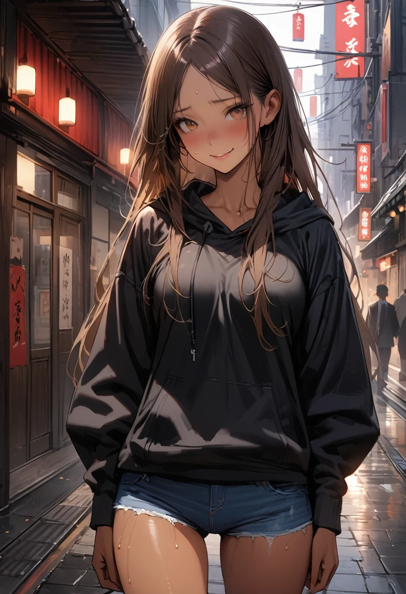 ((masterpiece,Highest quality:1.3,best quality illustration,realistic)),cowboy shot,独奏,1woman,(20-year-old、Japanese Beauty)、brown hair,long hair,center parted bangs,brown eyes,gorgeous eyes,((very small head:1.3)),shy,smile,((very long body:1.2,skinny)),medium breasts,(tan skin:1.4), (gleaming skin,toned body,slender body),sweat,(black oversized hoodie,denim micro shorts),standing,on street,.Tokyo、