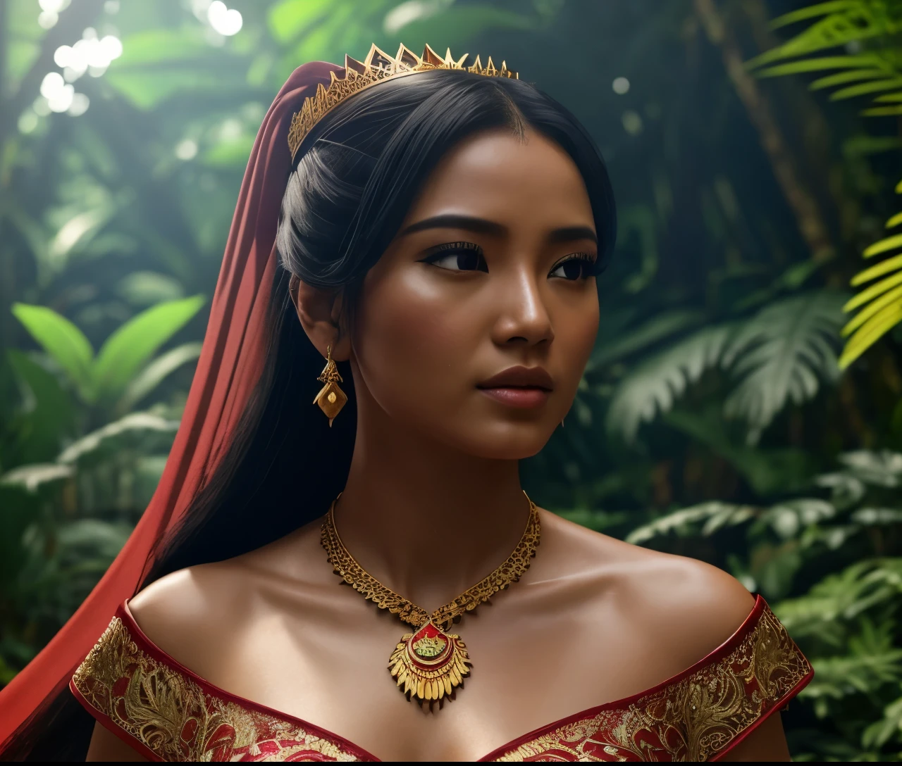 create a hyper realistic photo a beautiful indonesian woman as a hero in dynasty kingdom of majapahit, wearing small gold neklace like a queen, wearing red kemben ,long black hair with bun, doing floating meditation, energy bursts from around of her body, unreal engine 5, absurdres, volumetric mixed color line blue red white lighting around her body, eyes to camera, rainforest background