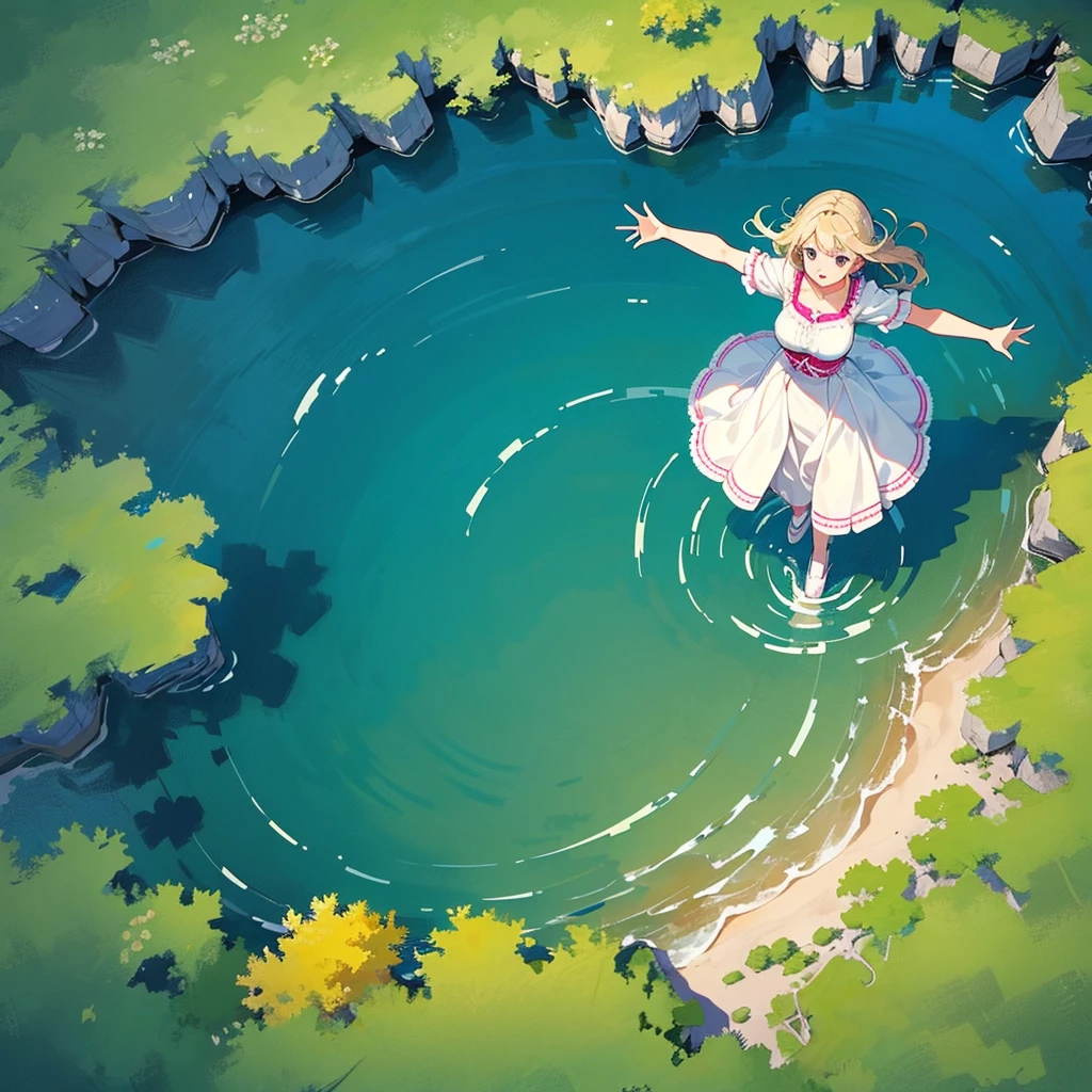 Woman walking on calm water, ((from above:1.5)), From above, Overlooking、Dancing Woman
