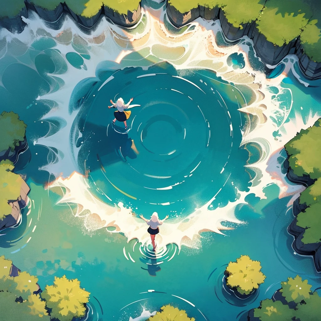 Woman walking on calm water, ((from above:1.5)), From above, Overlooking、Dancing Woman
