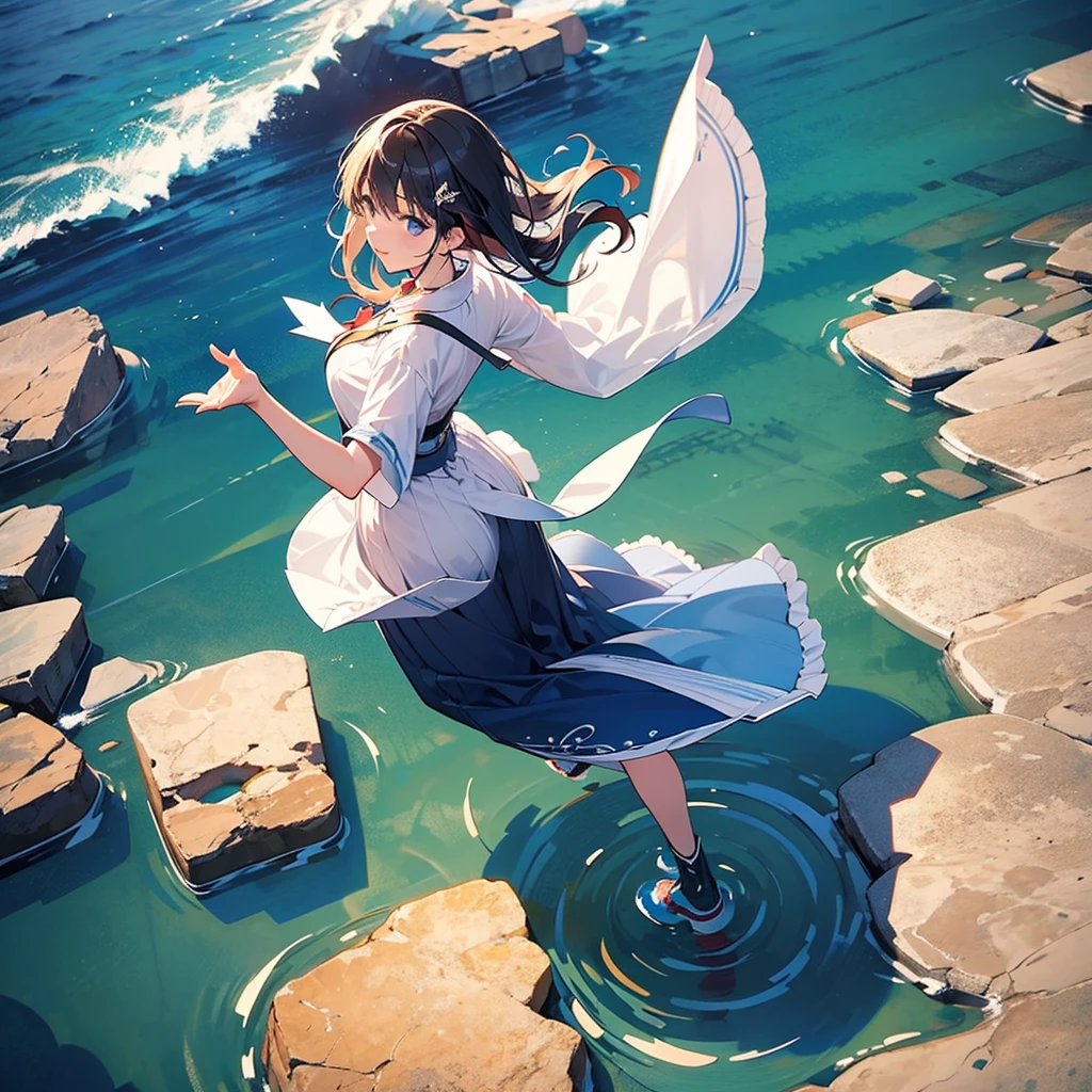 Woman walking on calm water, ((from above:1.5)), From above, Overlooking、Dancing Woman